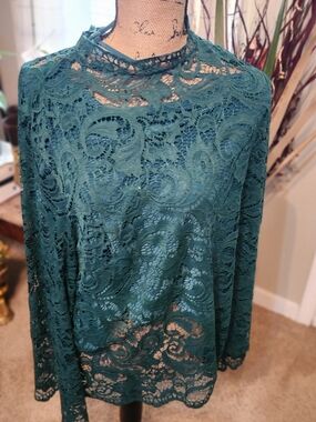 Women's Teal Lace Tunic Top - Elegant High Neck